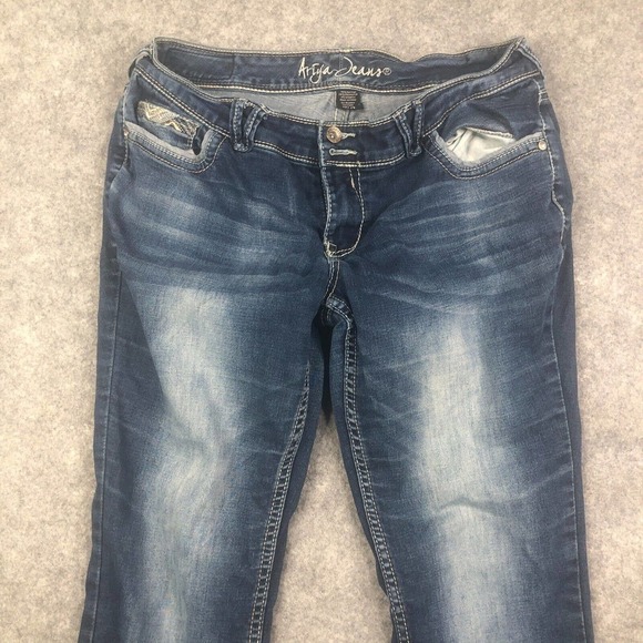 Ariya Jeans Women 13/14 Straight Leg Mid Rise Dark Blue Stretch Embroidered - Picture 2 of 10